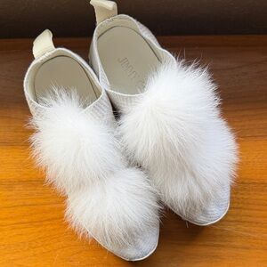 Jimmy Choo White Fur Pom Slip-On Mules